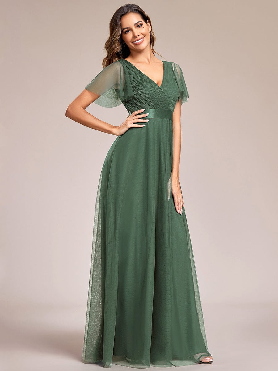 Double V-Neck Tulle Floor-Length Bridesmaid Dress #color_Eucalyptus Green