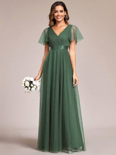 Double V-Neck Tulle Floor-Length Bridesmaid Dress #color_Eucalyptus Green