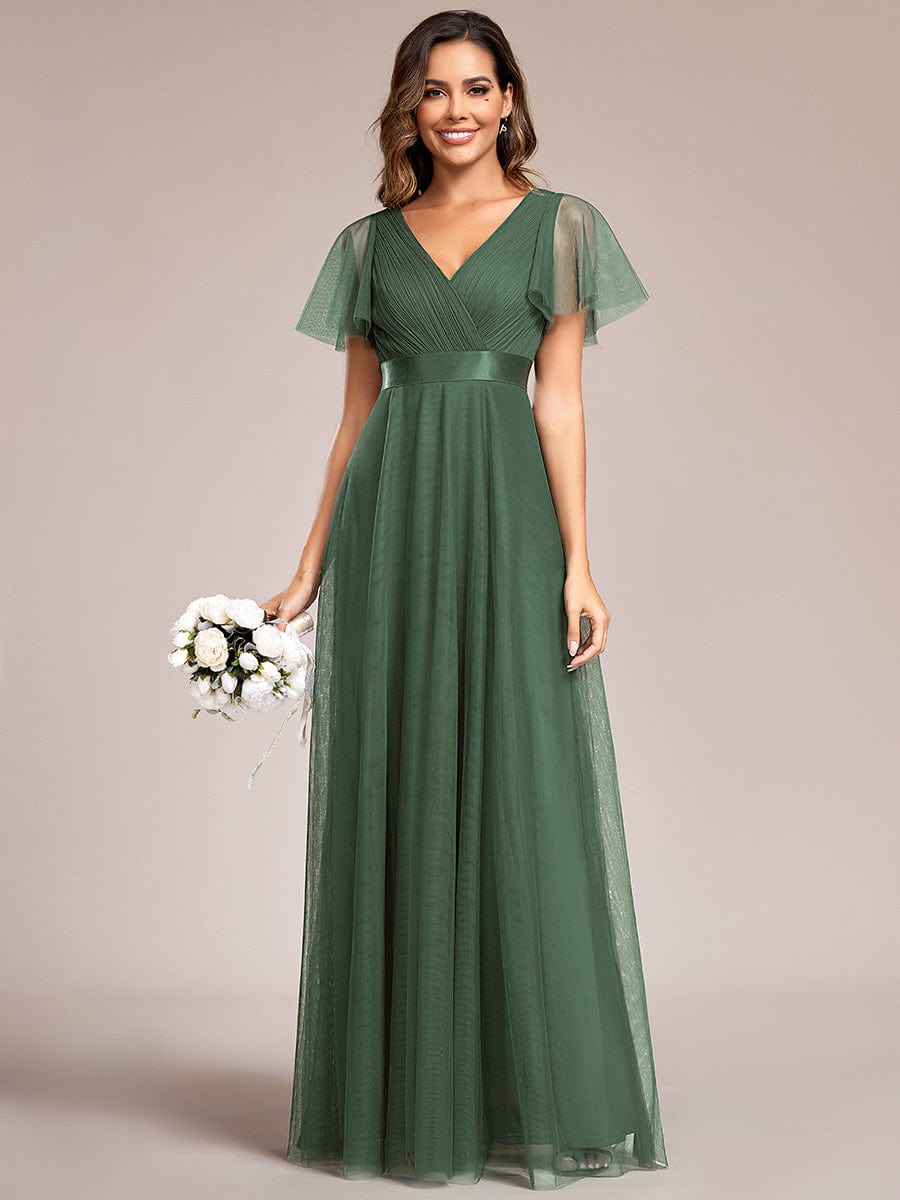 Double V-Neck Tulle Floor-Length Bridesmaid Dress #color_Eucalyptus Green