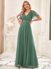 Double V-Neck Tulle Floor-Length Bridesmaid Dress #color_Green Bean