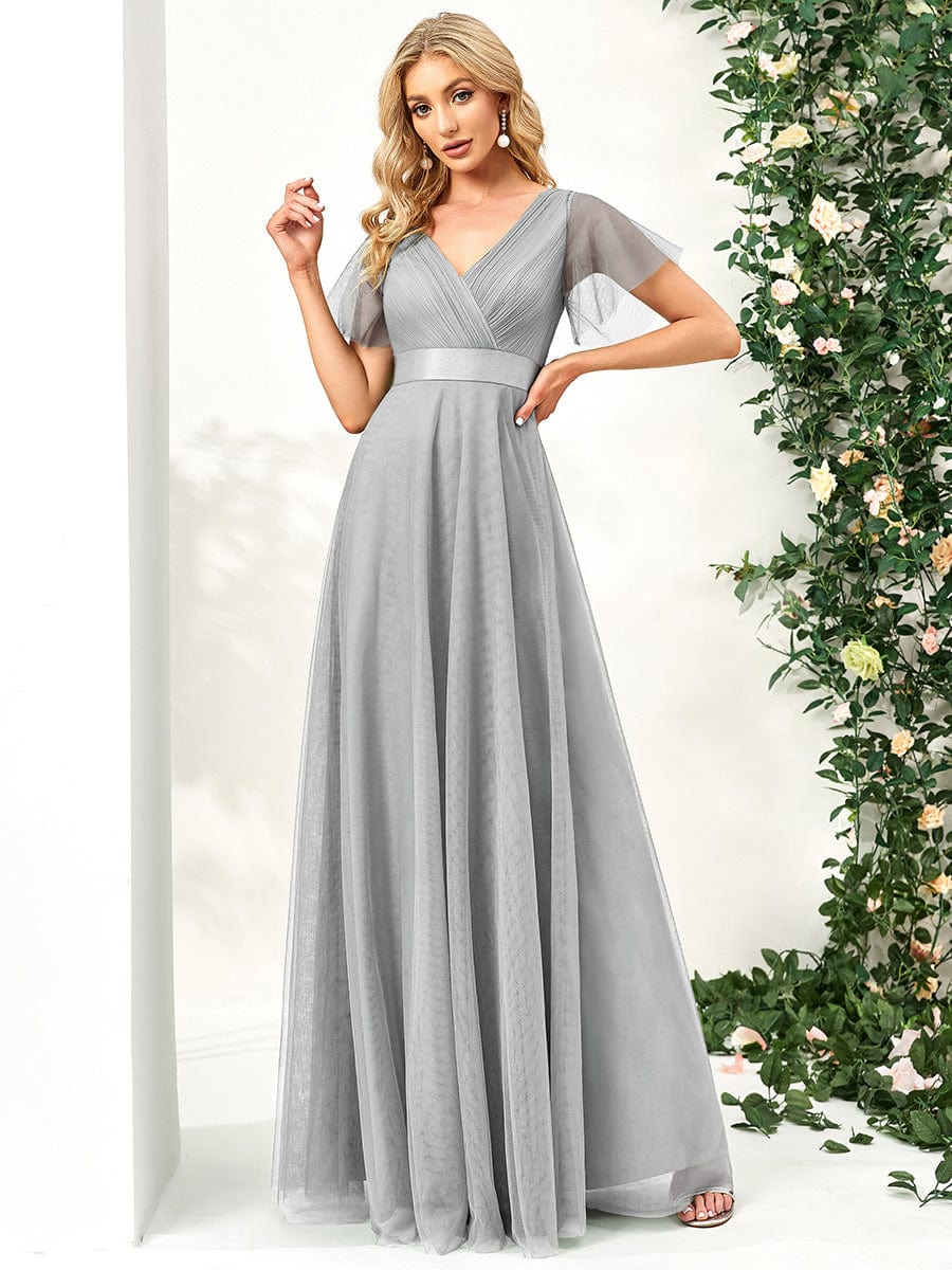Double V-Neck Tulle Floor-Length Bridesmaid Dress #color_Grey