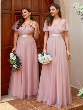 Double V-Neck Tulle Floor-Length Bridesmaid Dress