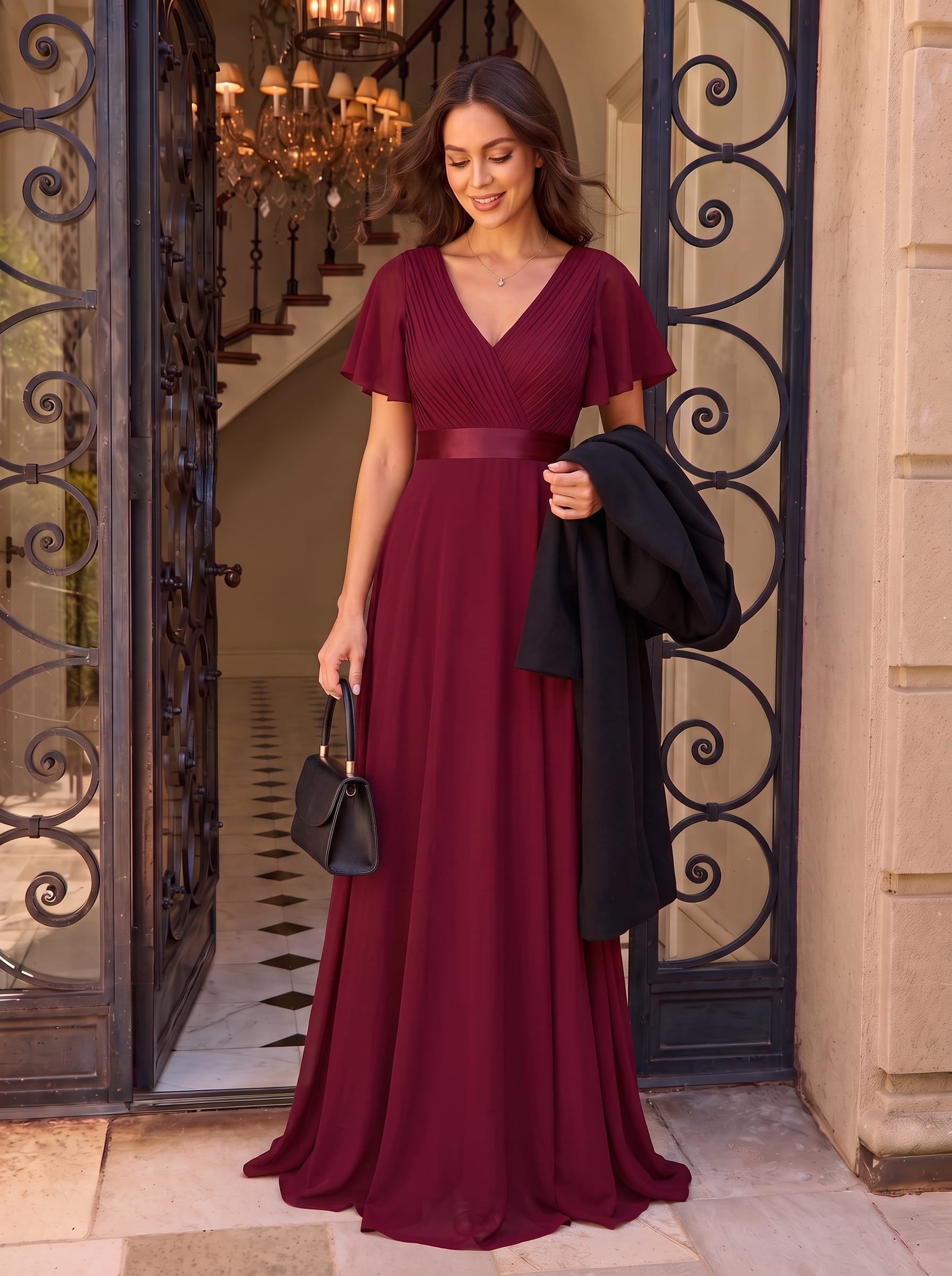 Long Empire Waist Bridesmaid Dress with Short Flutter Sleeves #color_Burgundy