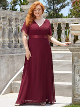 Plus Size Long Empire Waist Bridesmaid Dress with Short Flutter Sleeves #color_Burgundy