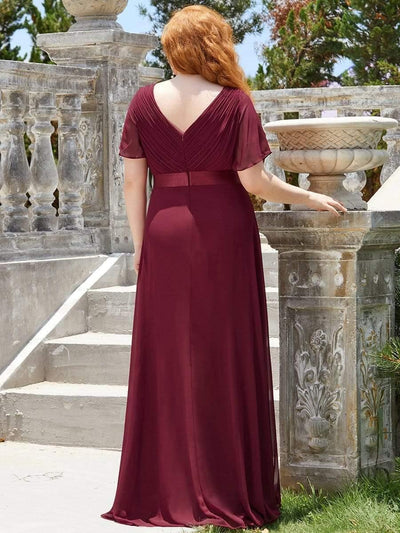 Plus Size Long Empire Waist Bridesmaid Dress with Short Flutter Sleeves #color_Burgundy