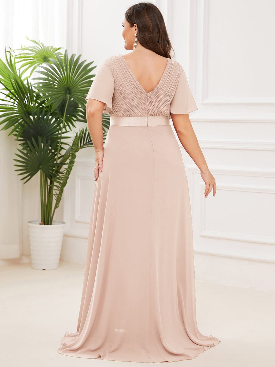 Plus Size Long Empire Waist Bridesmaid Dress with Short Flutter Sleeves #color_Blush