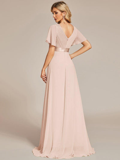 Long Empire Waist Bridesmaid Dress with Short Flutter Sleeves #color_Blush