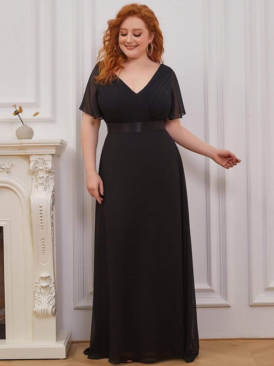 Plus Size Long Empire Waist Bridesmaid Dress with Short Flutter Sleeves #color_Black