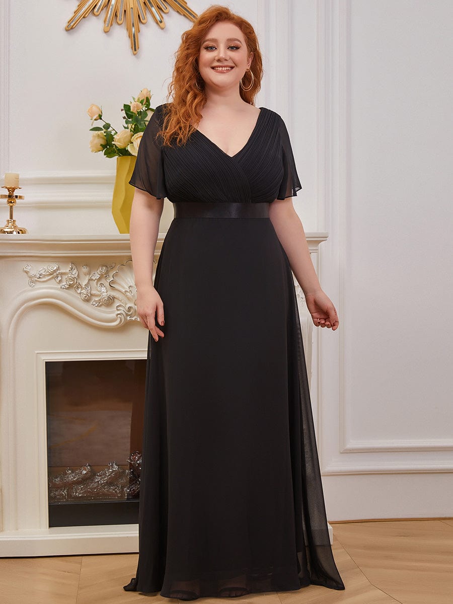 Plus Size Long Empire Waist Bridesmaid Dress with Short Flutter Sleeves #color_Black
