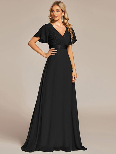 Long Empire Waist Bridesmaid Dress with Short Flutter Sleeves #color_Black