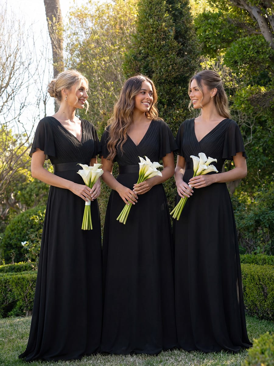 Long Empire Waist Bridesmaid Dress with Short Flutter Sleeves #color_Black