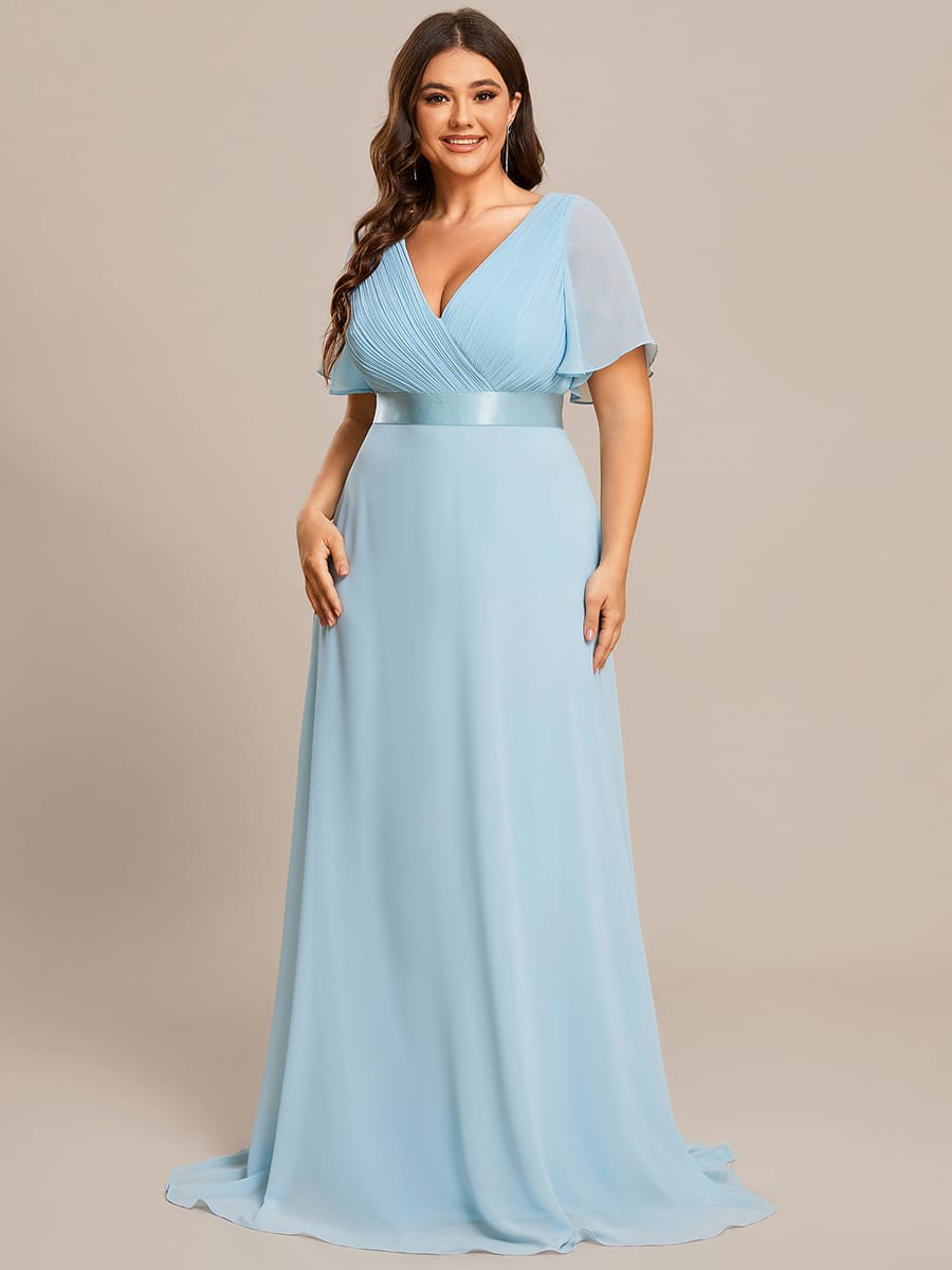 Long Empire Waist Bridesmaid Dress with Short Flutter Sleeves #color_Sky Blue