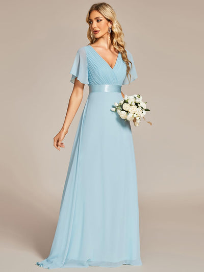 ever MONICA|High Waist Maxi Chiffon Bridesmaid Dress with Short Sleeves