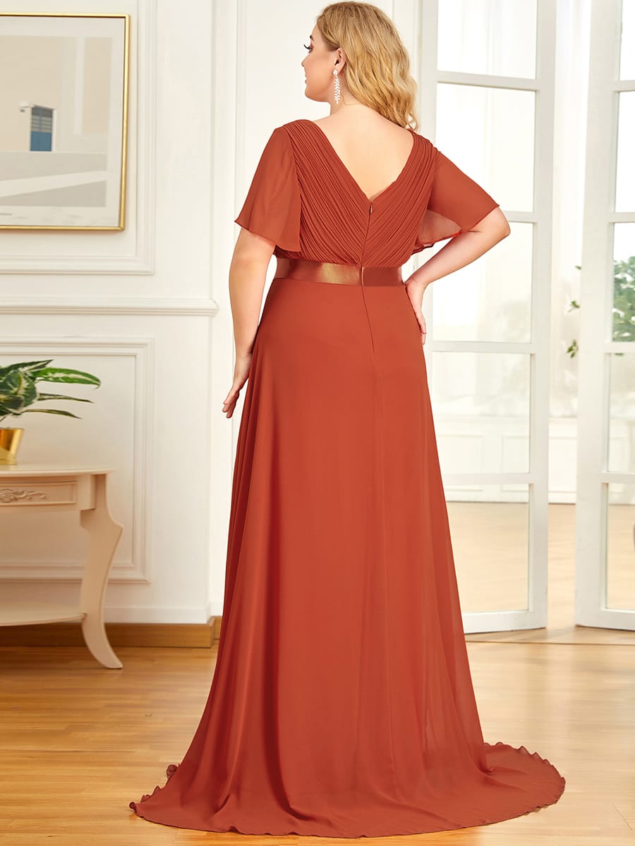 Long Empire Waist Bridesmaid Dress with Short Flutter Sleeves #color_Burnt Orange