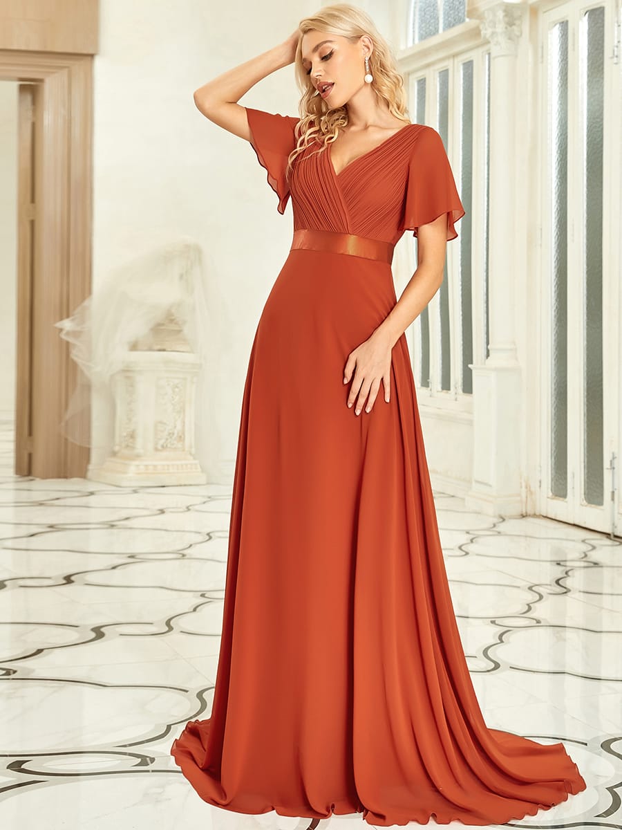 Long Empire Waist Bridesmaid Dress with Short Flutter Sleeves #color_Burnt Orange