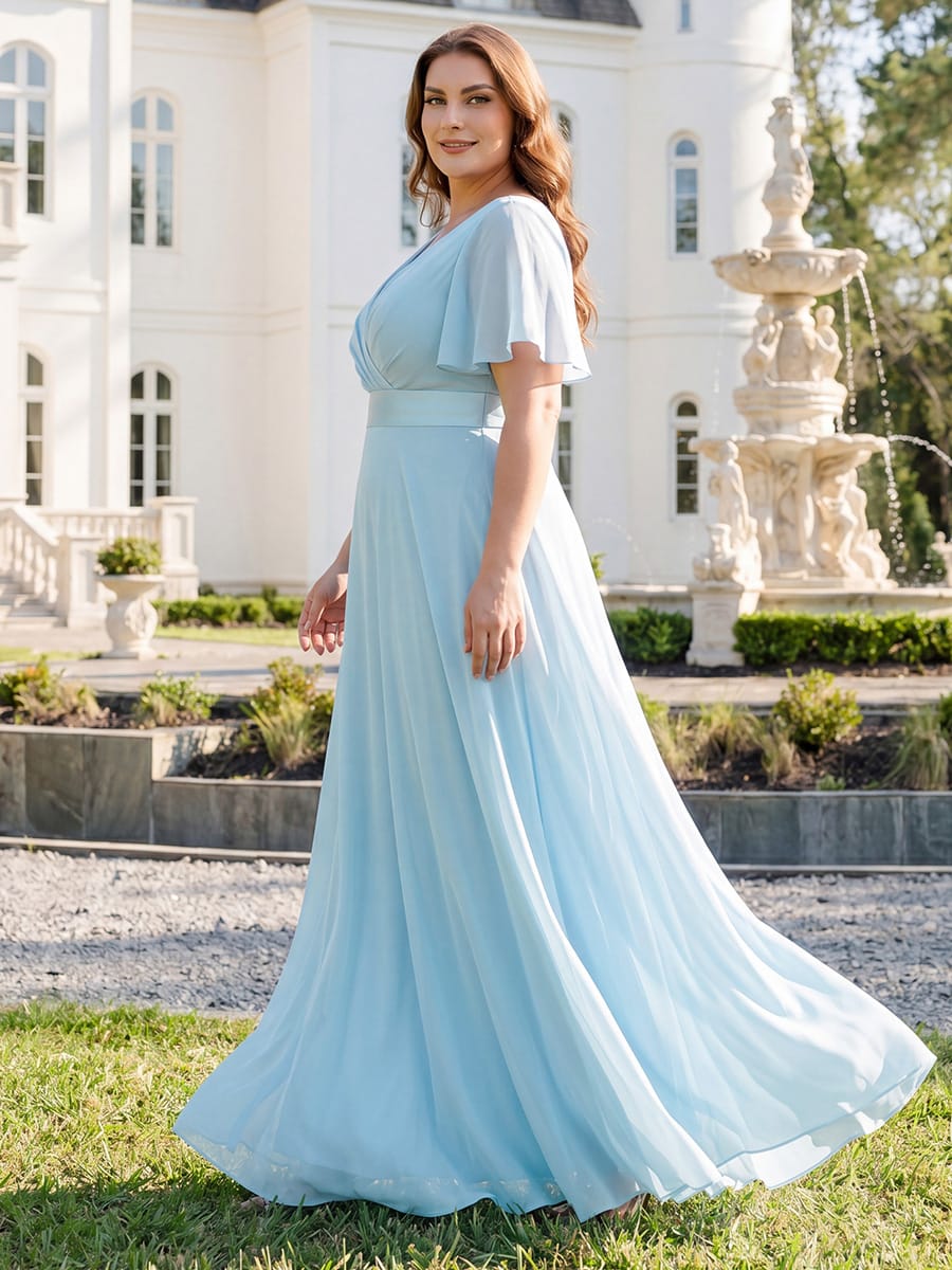 Plus Size Long Empire Waist Bridesmaid Dress with Short Flutter Sleeves #color_Sky Blue