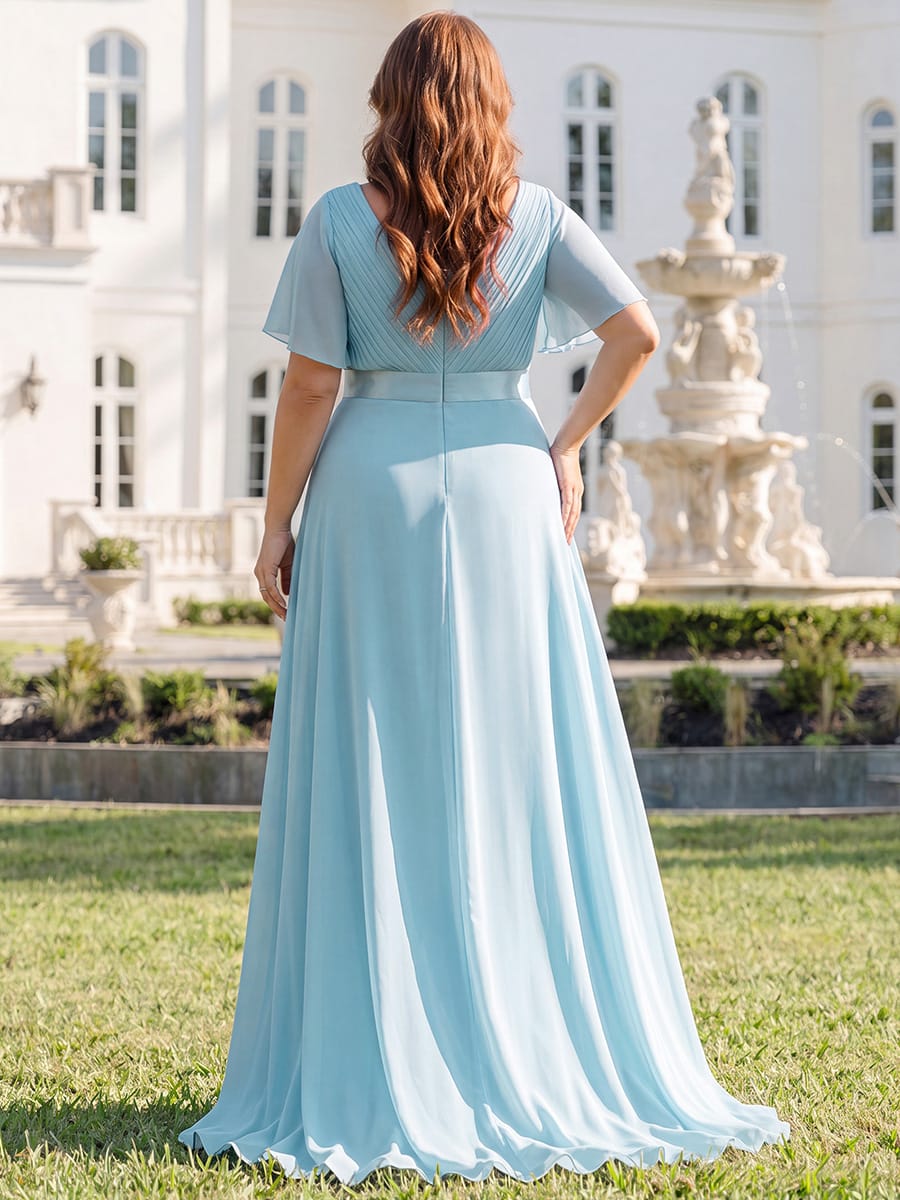 Plus Size Long Empire Waist Bridesmaid Dress with Short Flutter Sleeves #color_Sky Blue