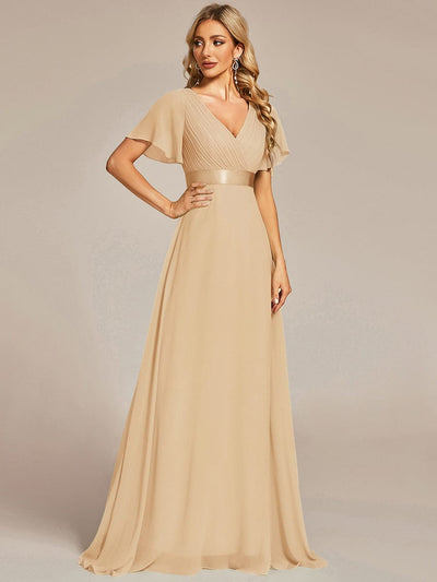 Minimalist A-Line Maxi Chiffon Wedding Dress with Satin Belt #color_Champagne