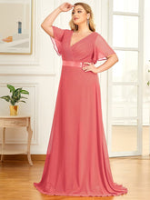 Plus Size Long Empire Waist Bridesmaid Dress with Short Flutter Sleeves #color_Coral