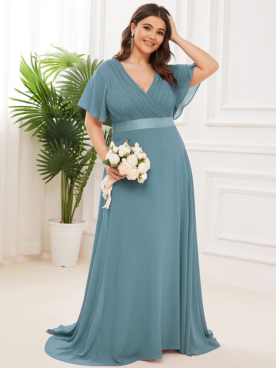 High Waist Maxi Chiffon Bridesmaid Dress with Short Sleeves #color_Light Teal