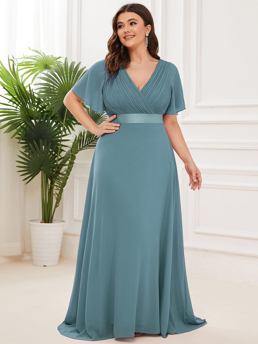 High Waist Maxi Chiffon Bridesmaid Dress with Short Sleeves #color_Light Teal