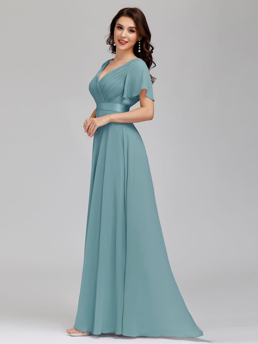 High Waist Short Sleeves Bridesmaid Dress #color_Light Teal