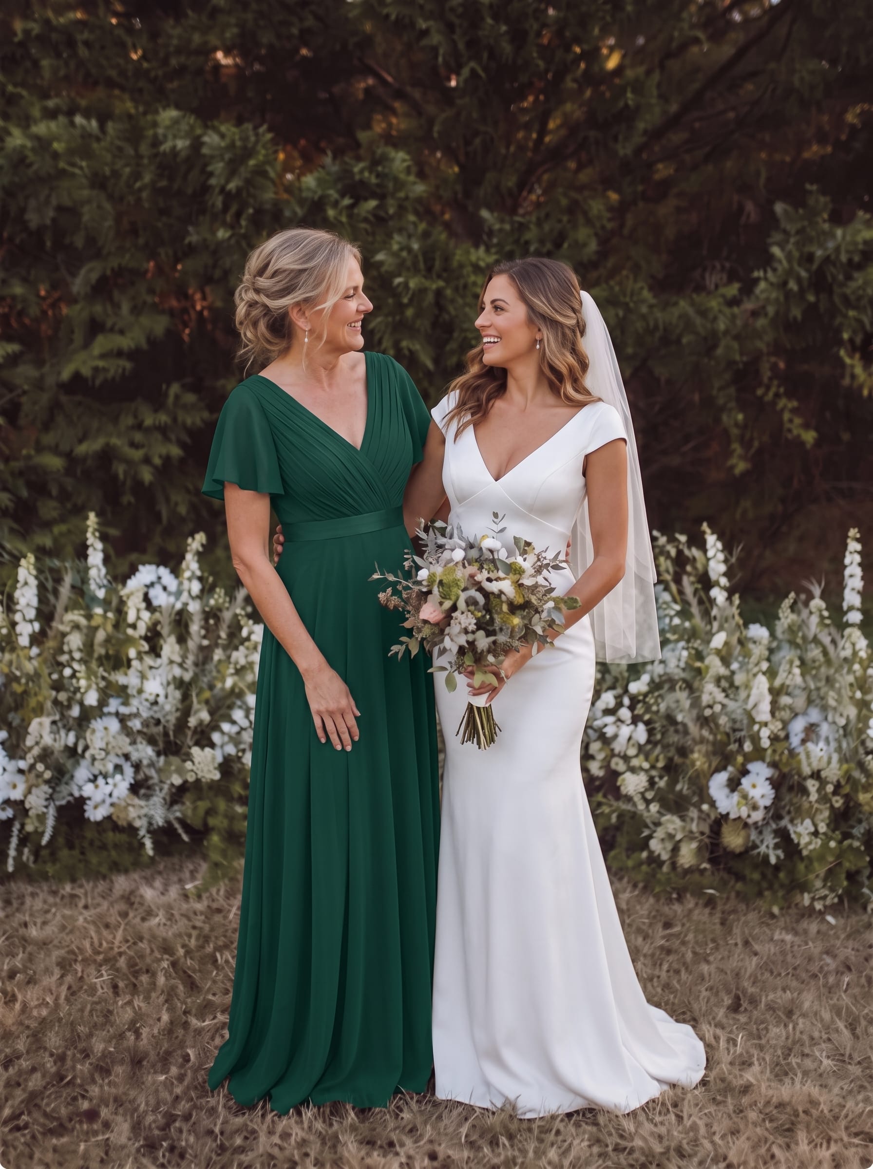 Long Empire Waist Bridesmaid Dress with Short Flutter Sleeves #color_Dark Green