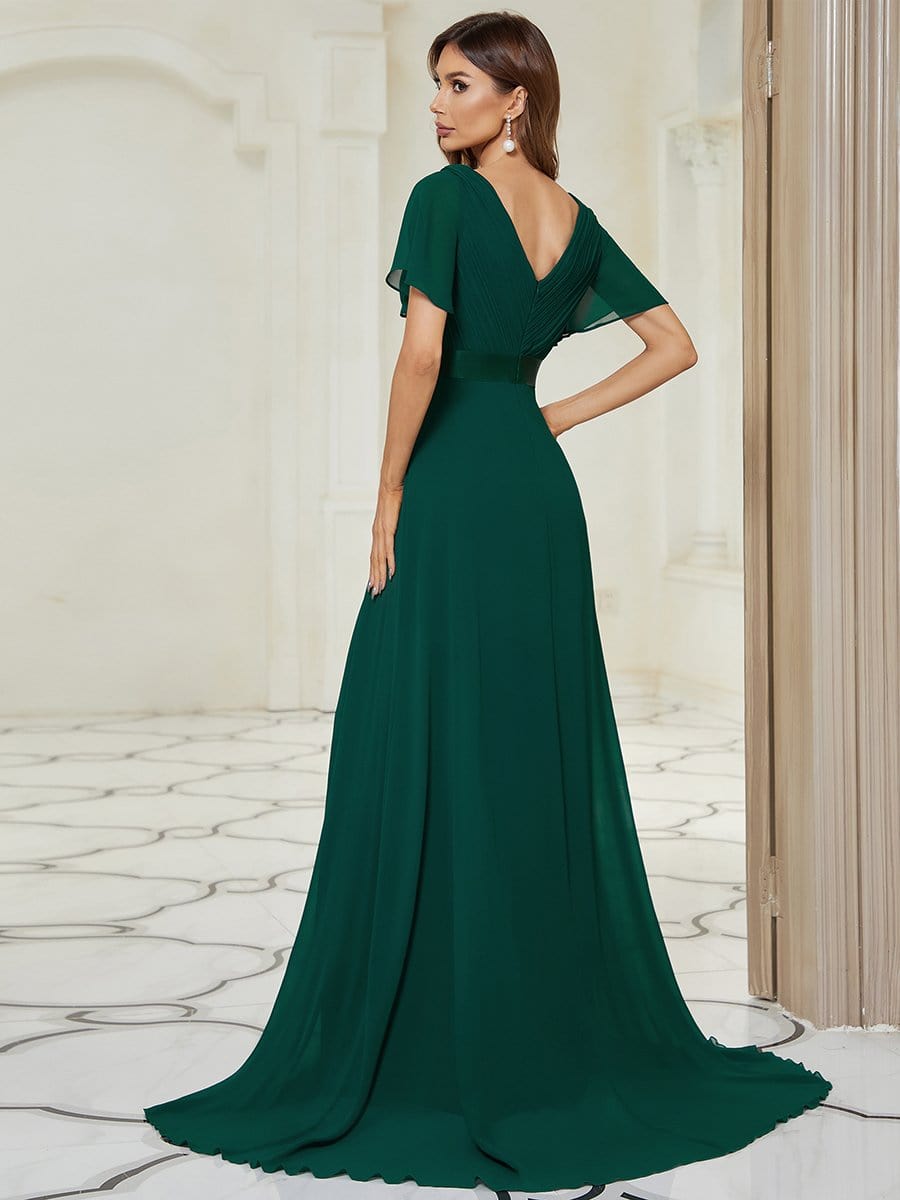 Long Empire Waist Bridesmaid Dress with Short Flutter Sleeves #color_Dark Green