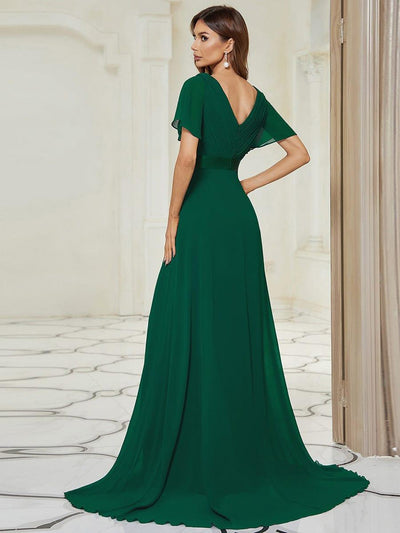 Empire Waist Floor Length Bridesmaid Dress with Short Flutter Sleeves #color_Dark Green