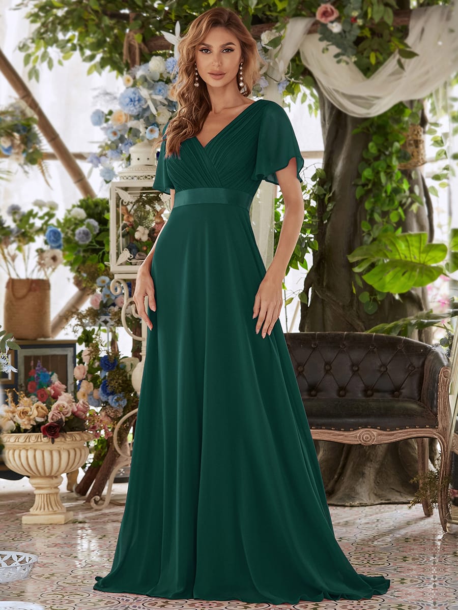 Long Empire Waist Bridesmaid Dress with Short Flutter Sleeves #color_Dark Green