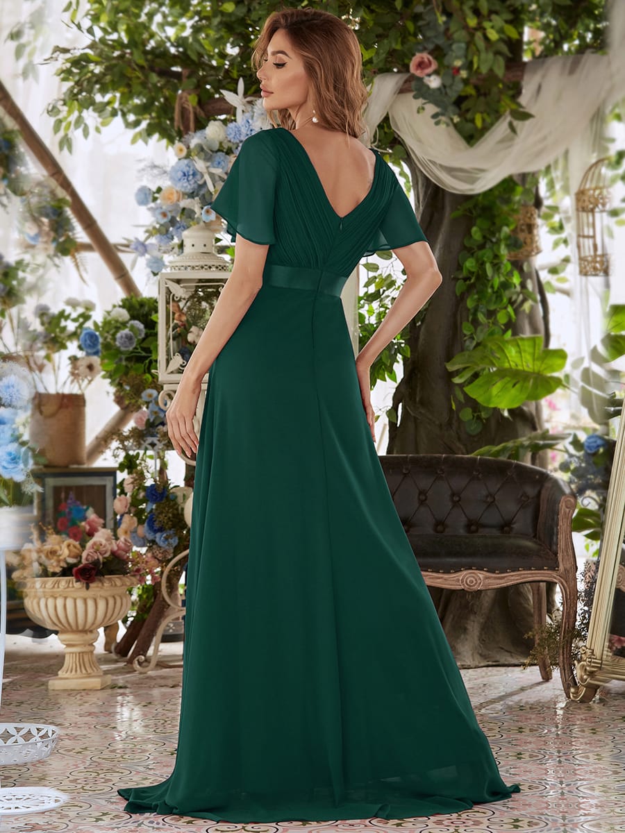 Long Empire Waist Bridesmaid Dress with Short Flutter Sleeves #color_Dark Green