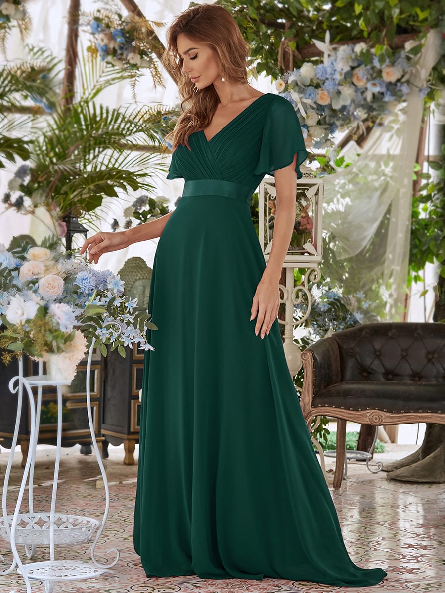 Long Empire Waist Bridesmaid Dress with Short Flutter Sleeves #color_Dark Green