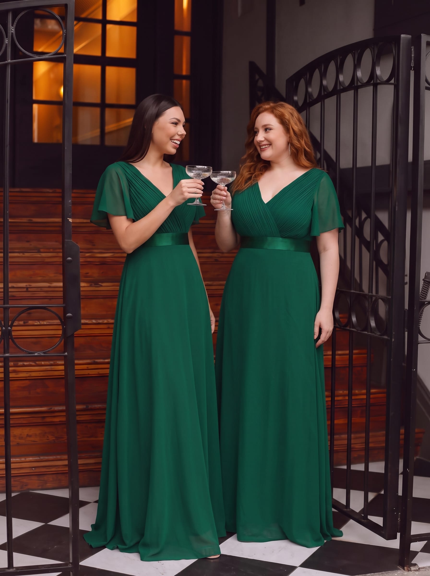 Long Empire Waist Bridesmaid Dress with Short Flutter Sleeves #color_Dark Green