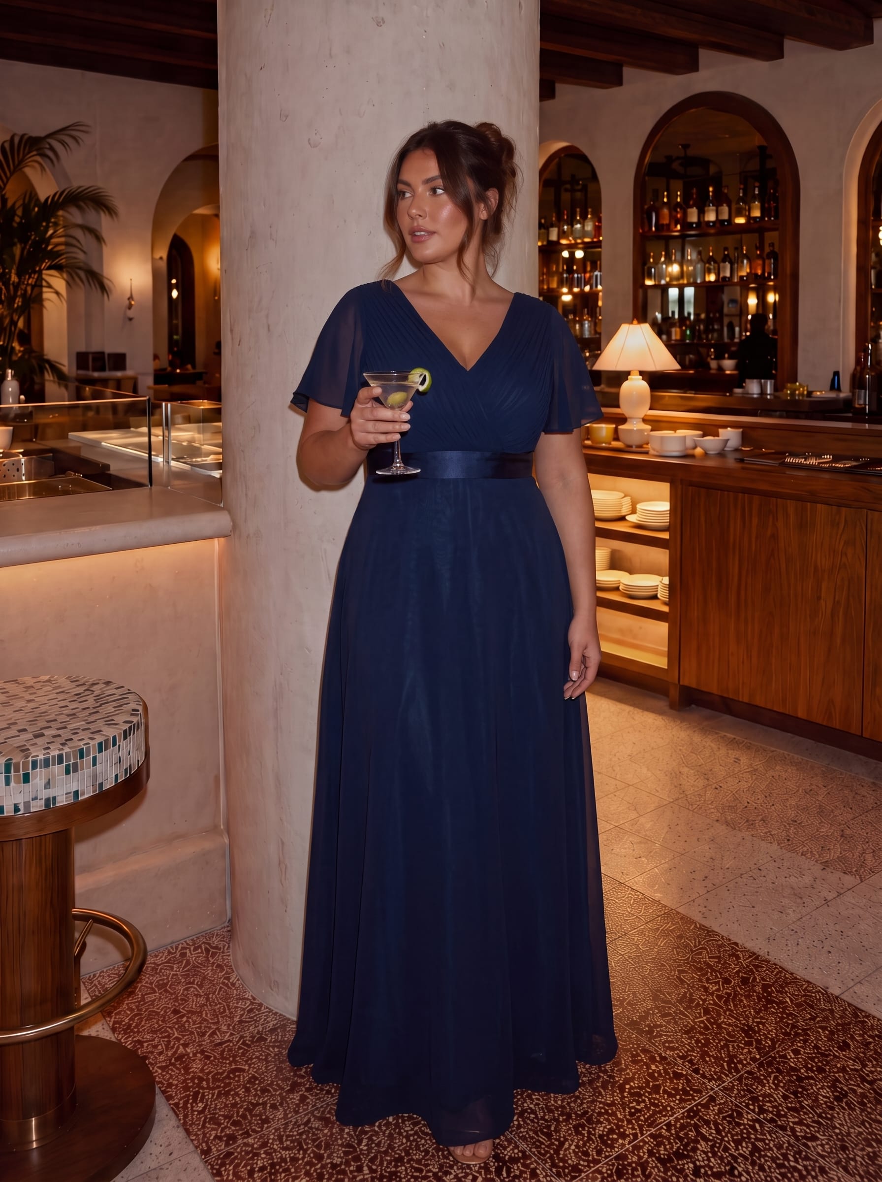 Long Empire Waist Bridesmaid Dress with Short Flutter Sleeves #color_Navy Blue