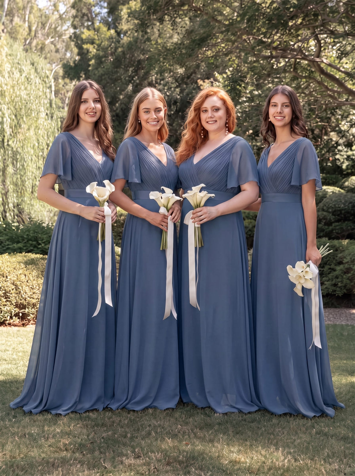 Long Empire Waist Bridesmaid Dress with Short Flutter Sleeves #color_Dusty Blue