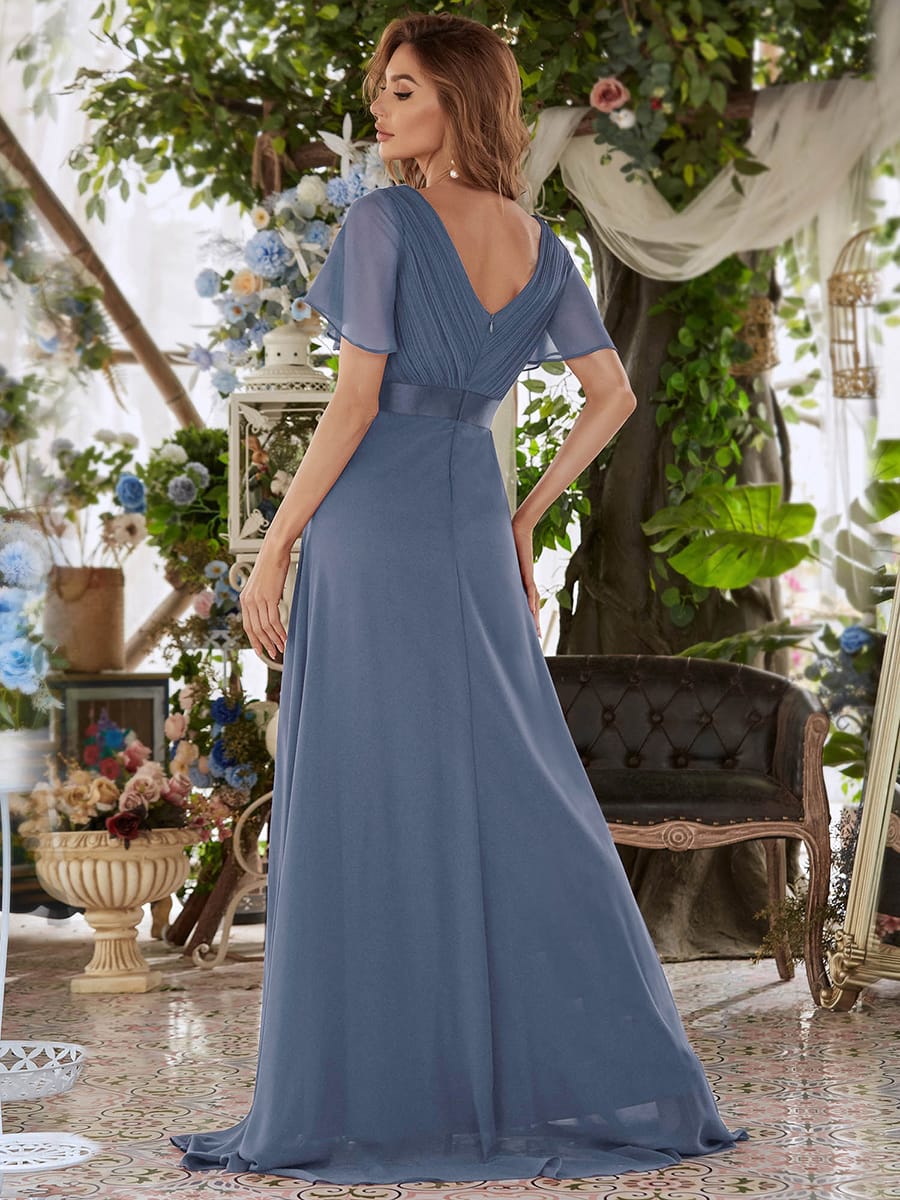 Long Empire Waist Bridesmaid Dress with Short Flutter Sleeves #color_Dusty Blue