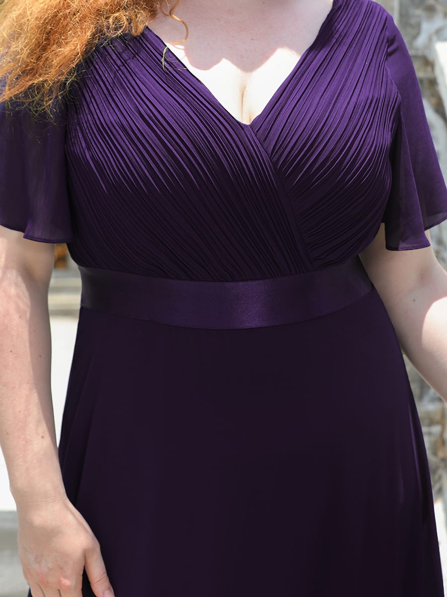 Long Empire Waist Bridesmaid Dress with Short Flutter Sleeves #color_Dark Purple