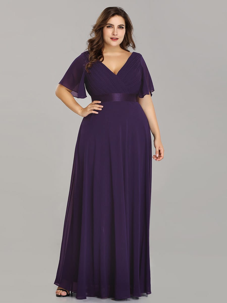 Long Empire Waist Bridesmaid Dress with Short Flutter Sleeves #color_Dark Purple