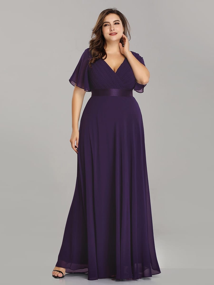 Long Empire Waist Bridesmaid Dress with Short Flutter Sleeves #color_Dark Purple