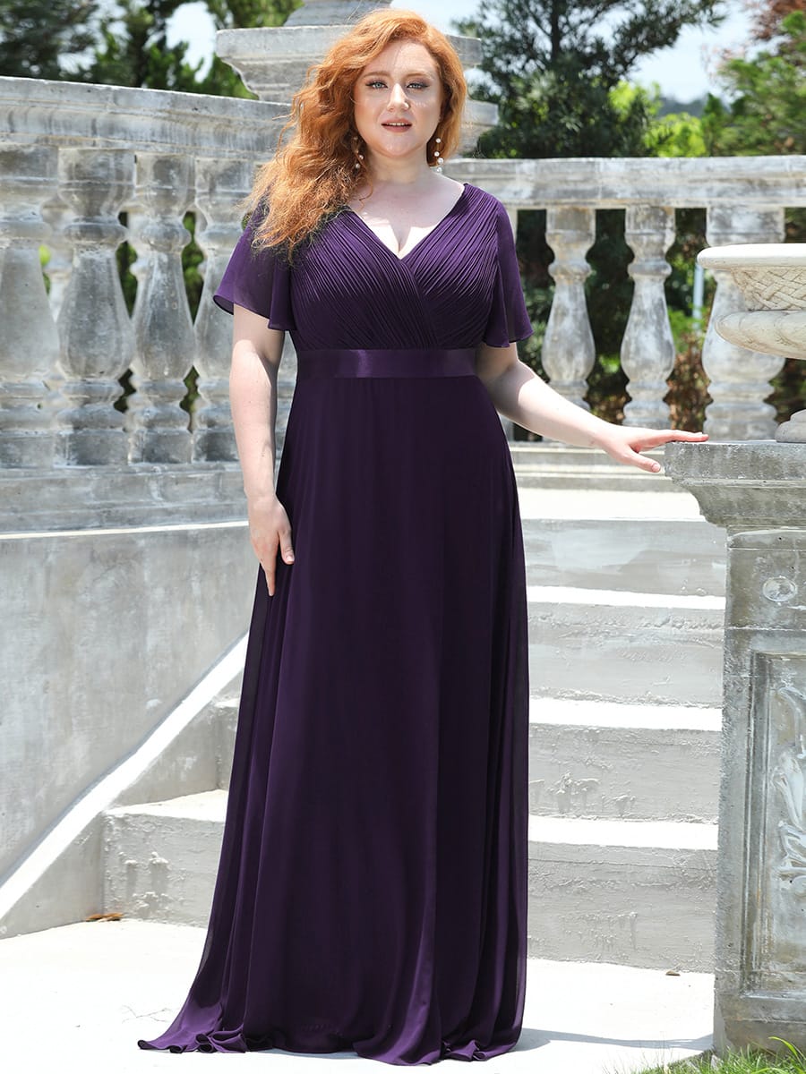 Long Empire Waist Bridesmaid Dress with Short Flutter Sleeves #color_Dark Purple