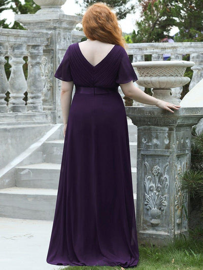 Plus Size Long Empire Waist Bridesmaid Dress with Short Flutter Sleeves #color_Dark Purple