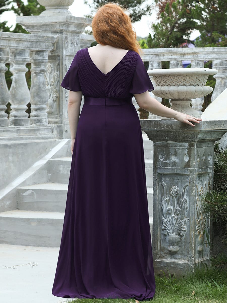 Long Empire Waist Bridesmaid Dress with Short Flutter Sleeves #color_Dark Purple