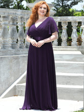 Plus Size Long Empire Waist Bridesmaid Dress with Short Flutter Sleeves #color_Dark Purple