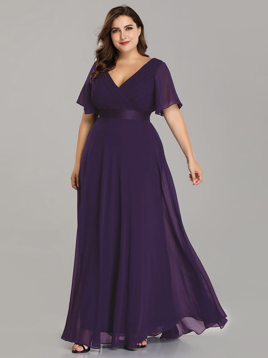 Long Empire Waist Bridesmaid Dress with Short Flutter Sleeves #color_Dark Purple