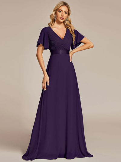 ever MONICA|High Waist Maxi Chiffon Bridesmaid Dress with Short Sleeves