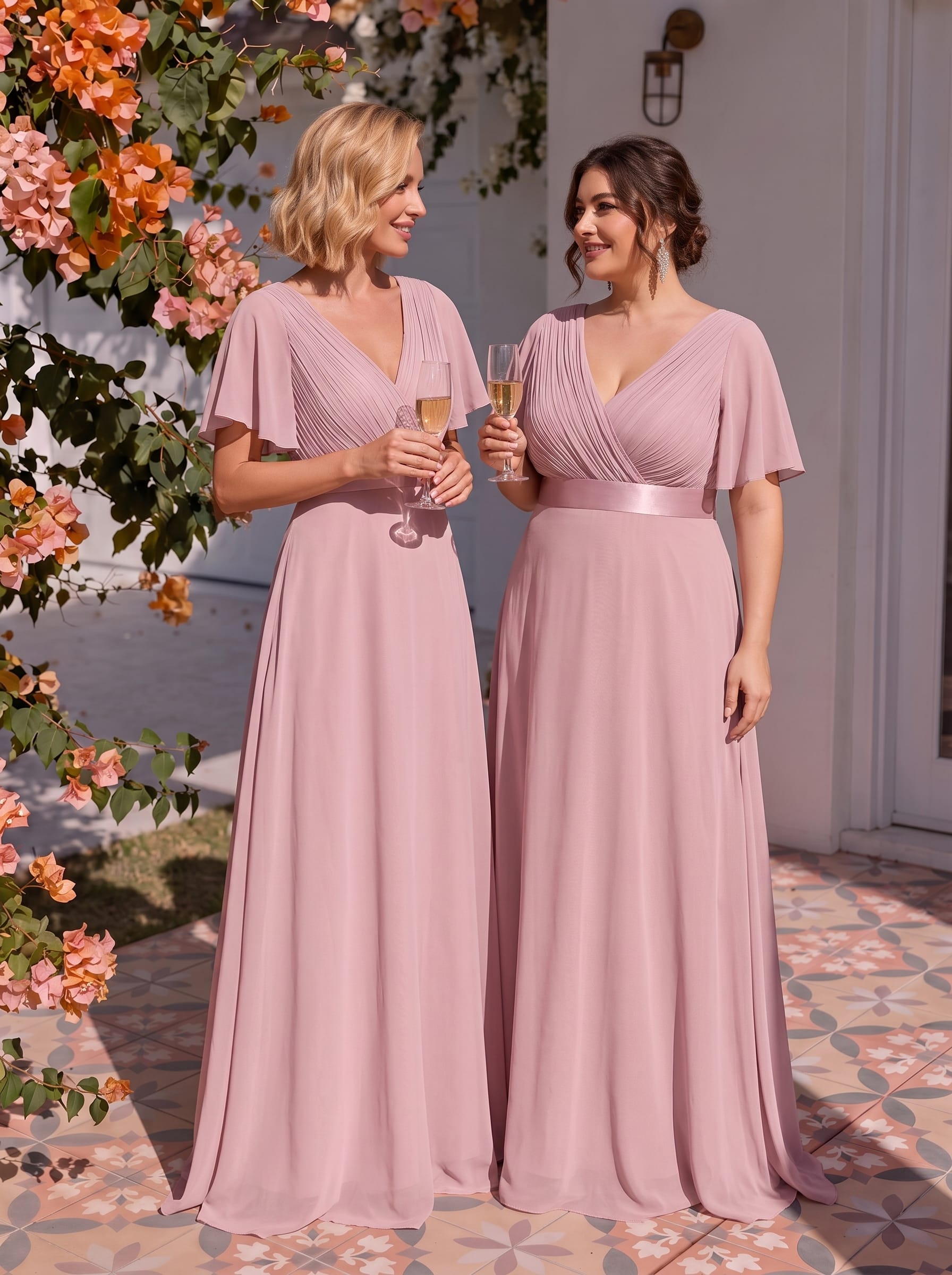 Long Empire Waist Bridesmaid Dress with Short Flutter Sleeves #color_Dusty Rose