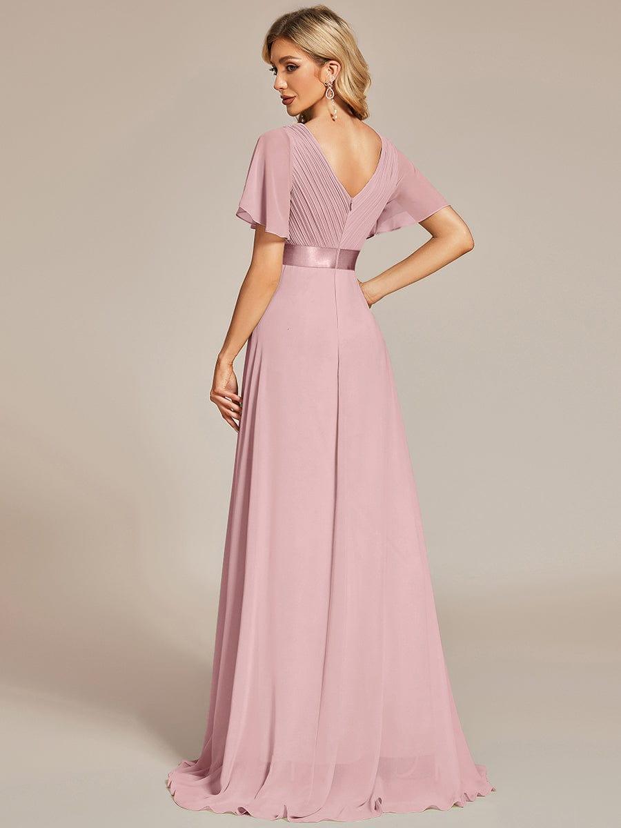 Long Empire Waist Bridesmaid Dress with Short Flutter Sleeves #color_Dusty Rose