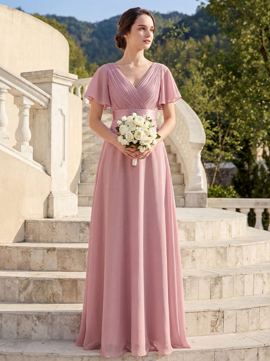 Empire Waist Floor Length Bridesmaid Dress with Short Flutter Sleeves #color_Dusty Rose