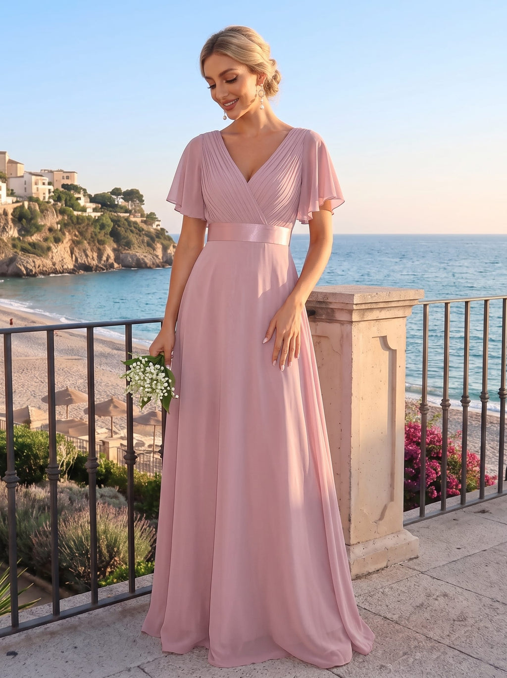 MONICA Long Empire Waist Bridesmaid Dress Short Flutter Sleeves