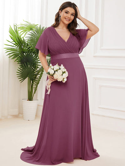 High Waist Short Sleeves Bridesmaid Dress #color_Damson
